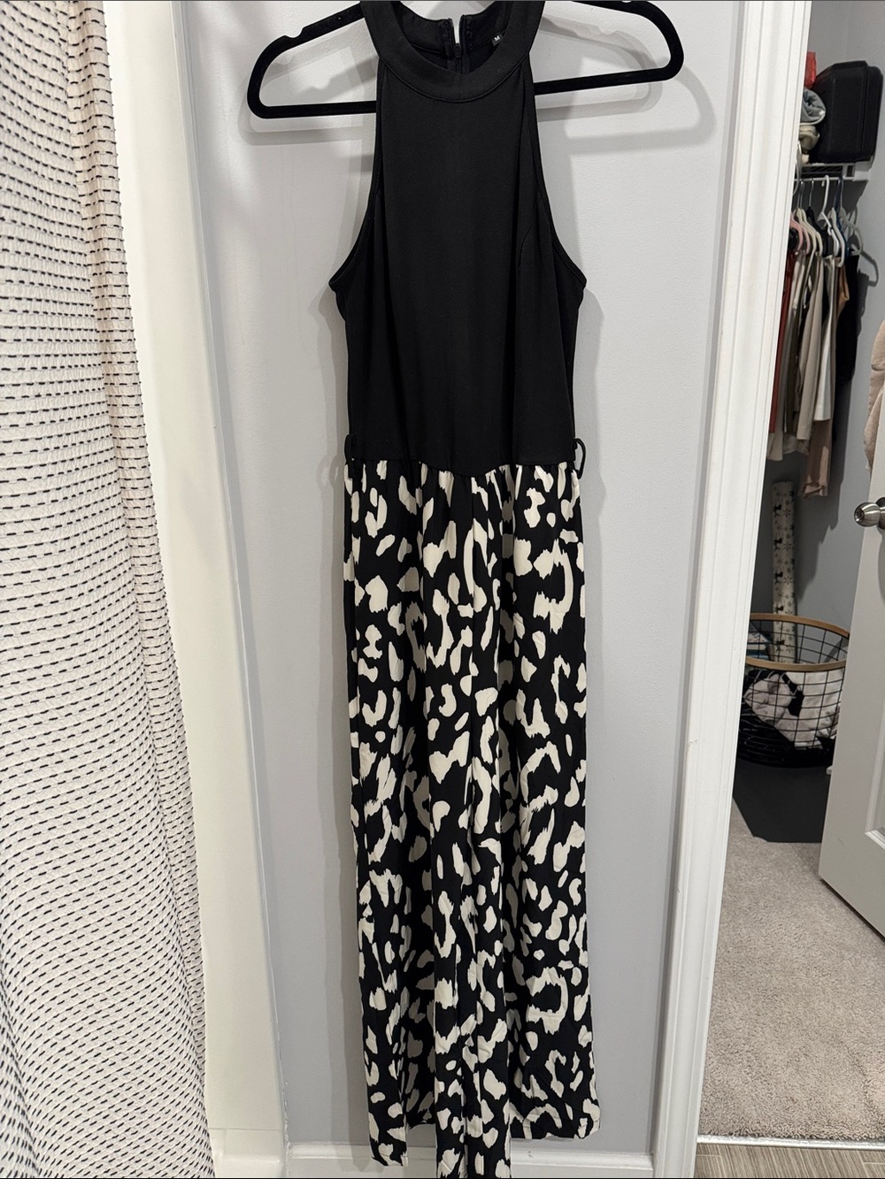 Source Unknown Black Halter Maxi Dress with Cream Leopard Print Skirt